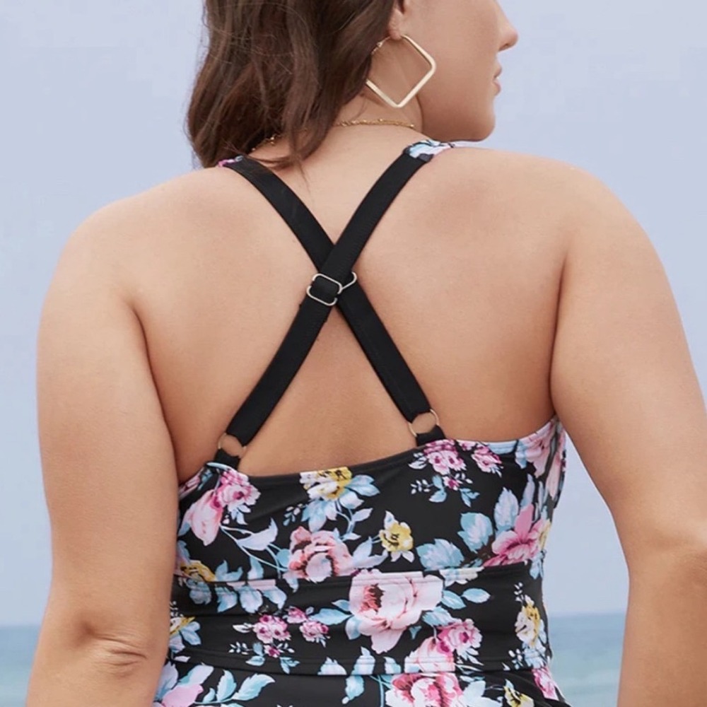 Bloomchic Floral Print Halter Tankini Top Plus Size 22-24 Black Pink Blue Yellow - Picture 2 of 11
